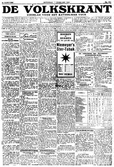 Voorpagina De Volkskrant 18-02-1922