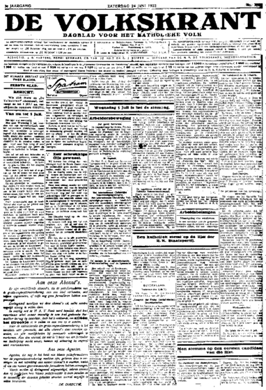 Voorpagina De Volkskrant 24-06-1922