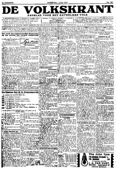 Voorpagina De Volkskrant 01-07-1922